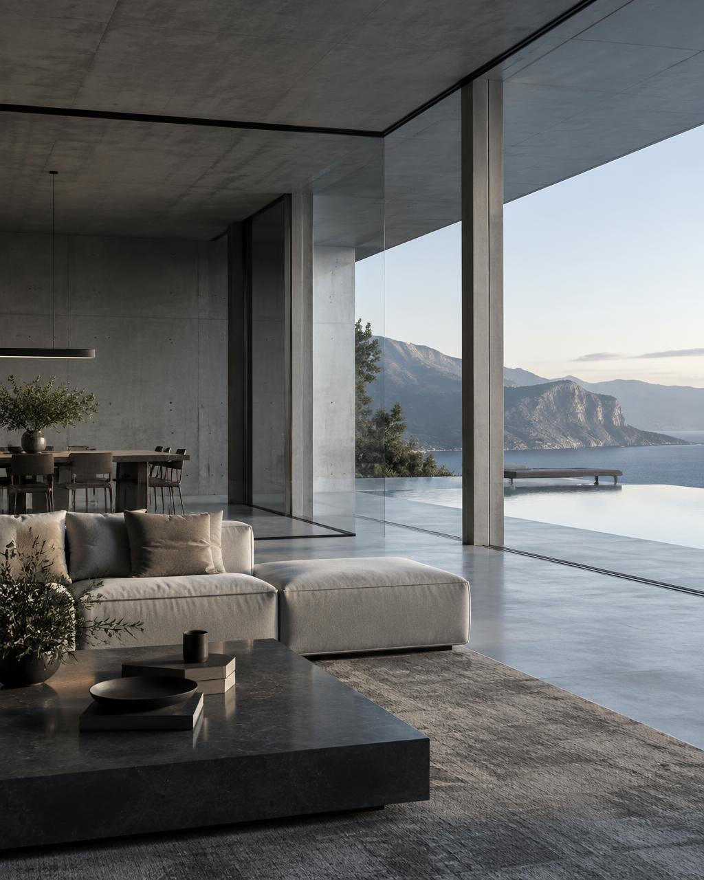 Contemporary residential interior overlooking a quiet landscape
