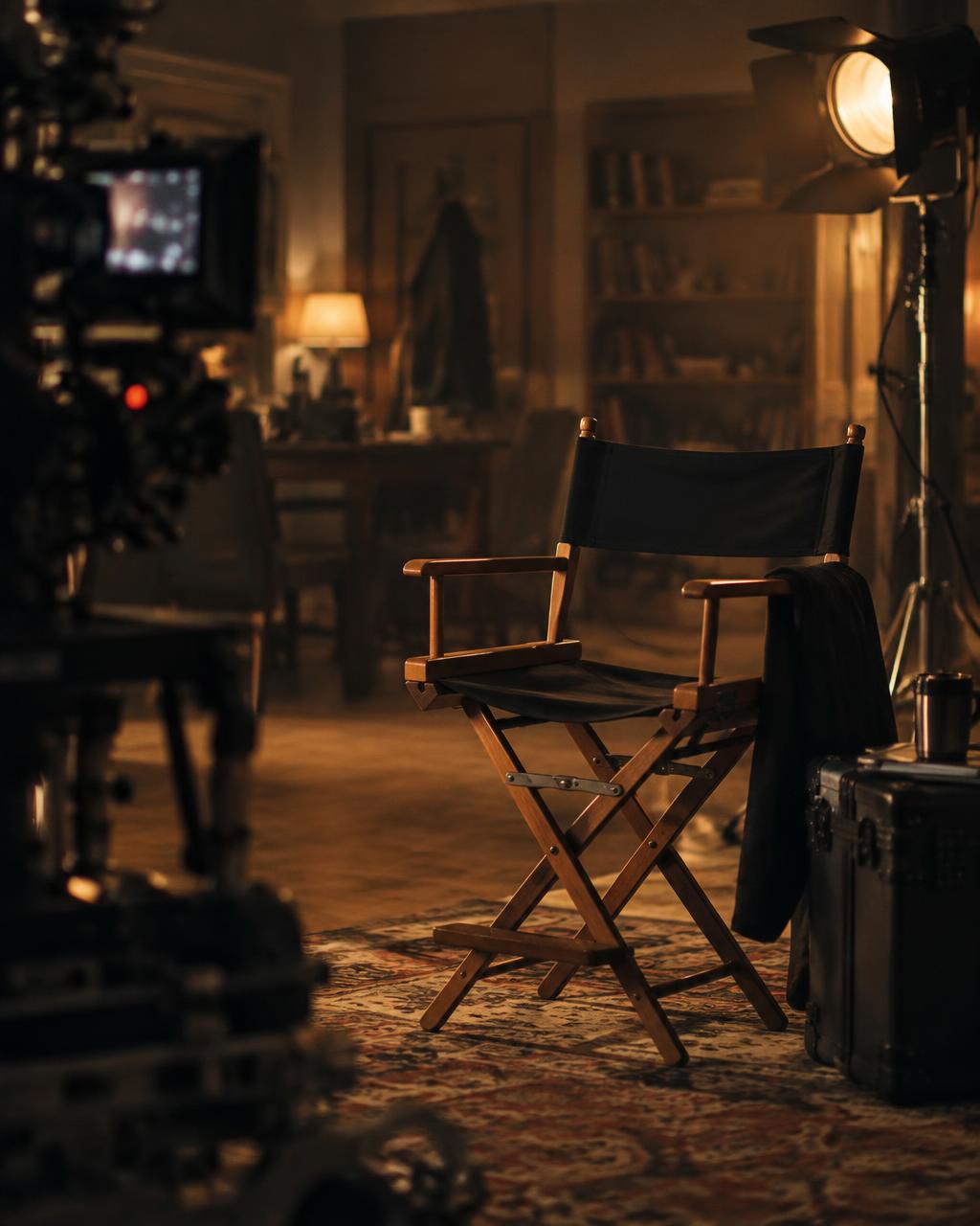 Independent film production set with a director's chair and camera