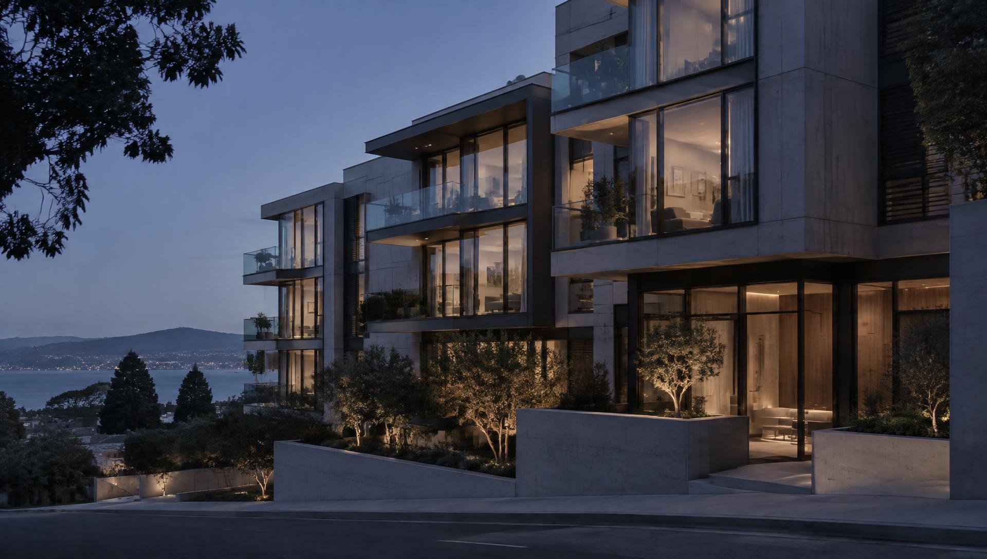 Modern multifamily residence at dusk