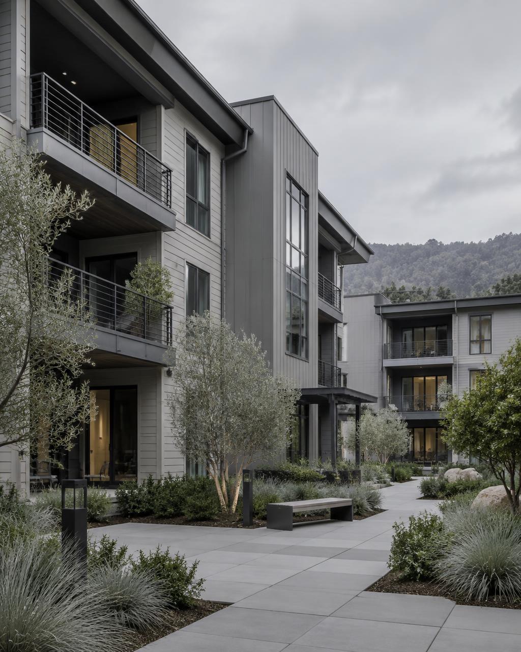 Landscaped courtyard at a modern multifamily property